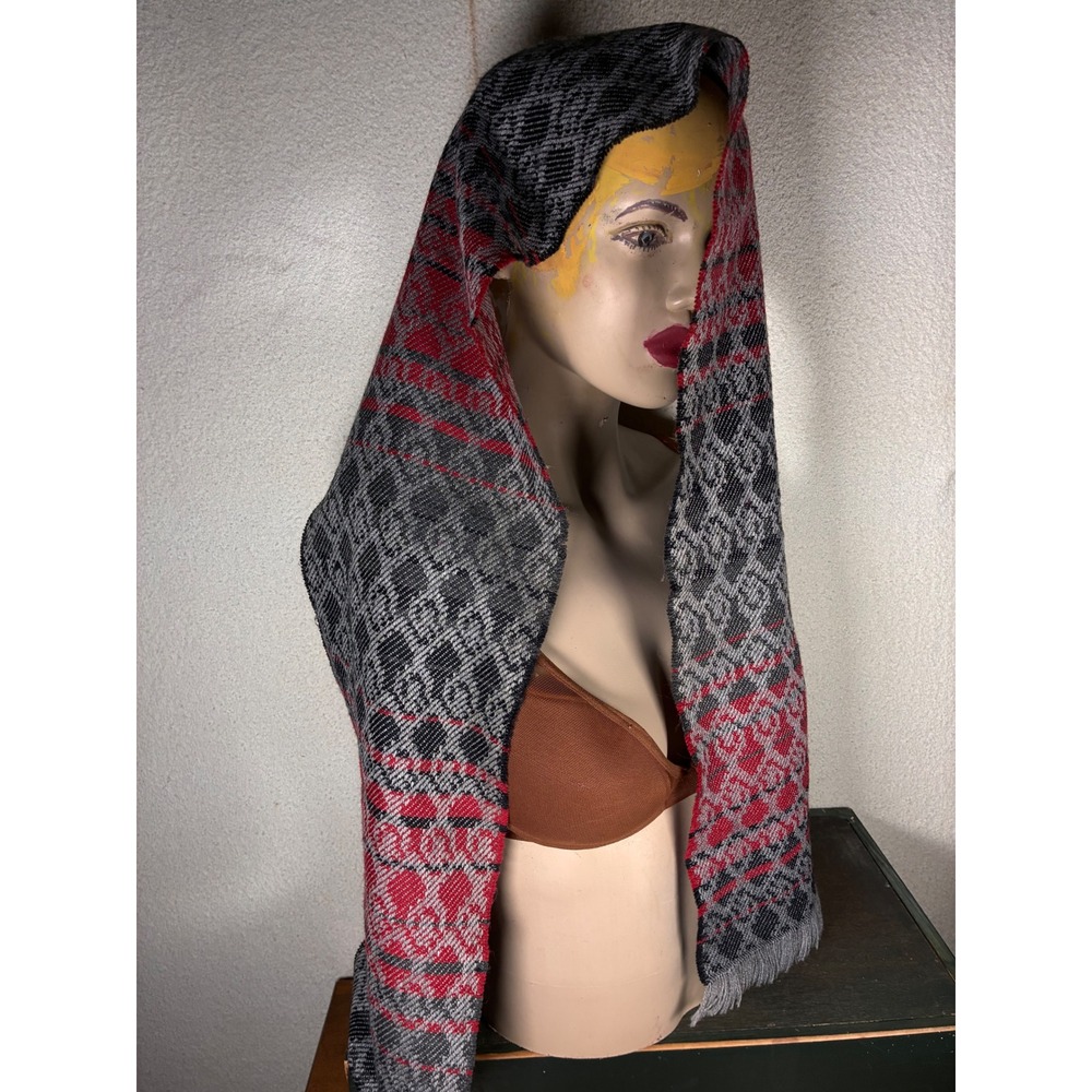Unbranded Geometric Scarf Unisex OS Red Grey Black Excellent Woven Fringe Wrap